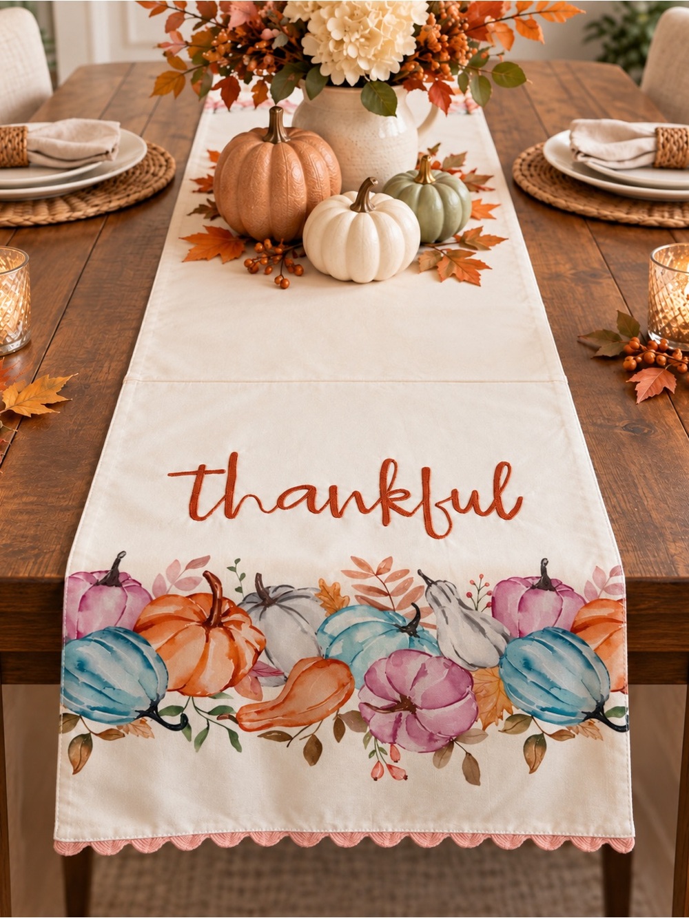 Pastel Thankful Pumpkin Table Runner 14.5x72 Scalloped Fall Thanksgiving